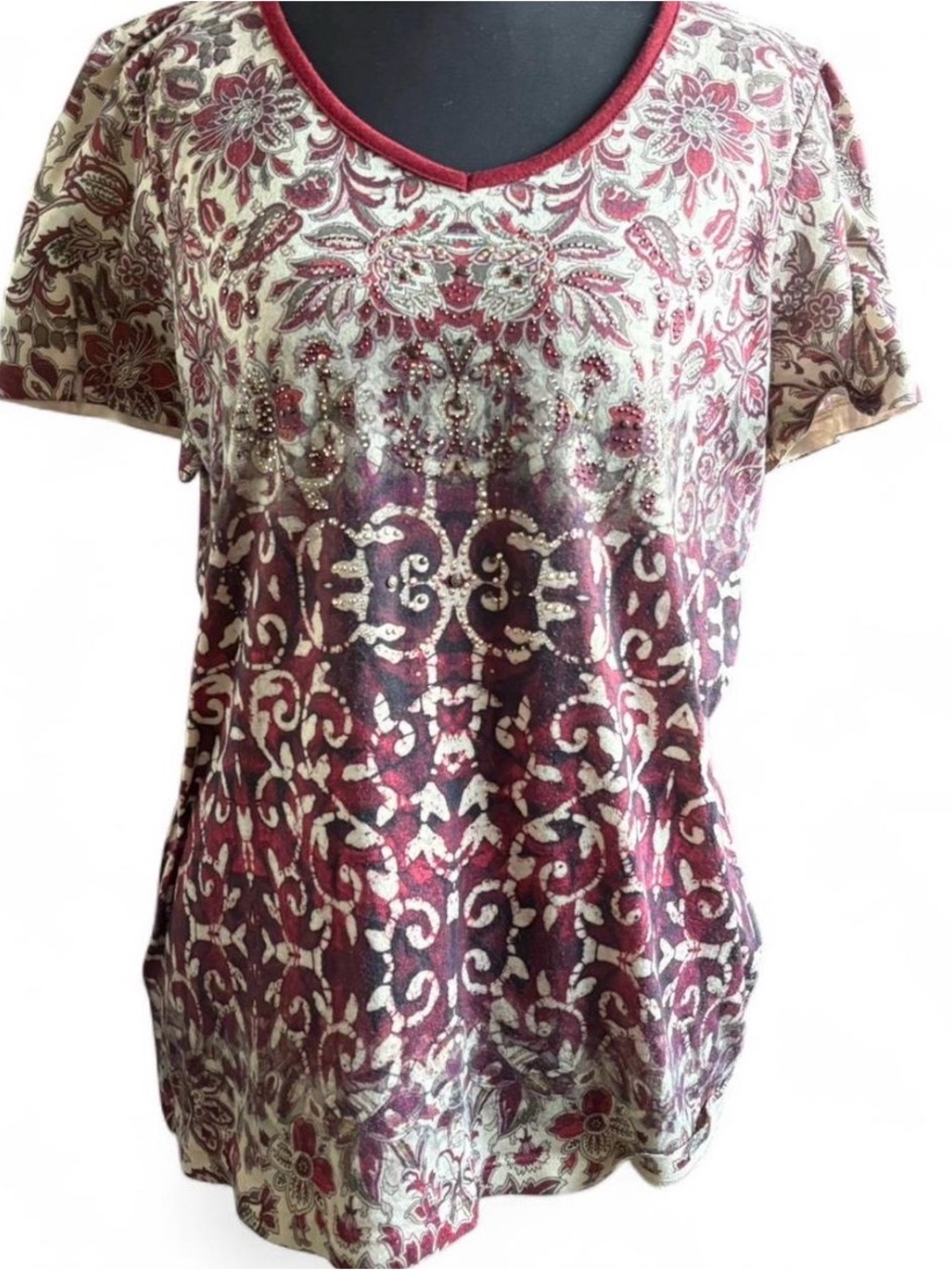 Apt. 9 Women's Short Sleeve V-Neck Printed Top - Burgundy Floral Paisley - Picture 2 of 3